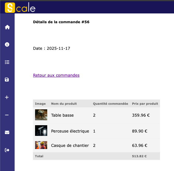 page detail de commande passé